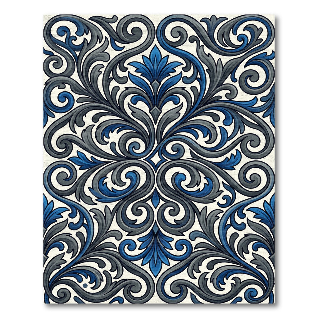 Elegant Navy and Gray Swirling Damask Rug