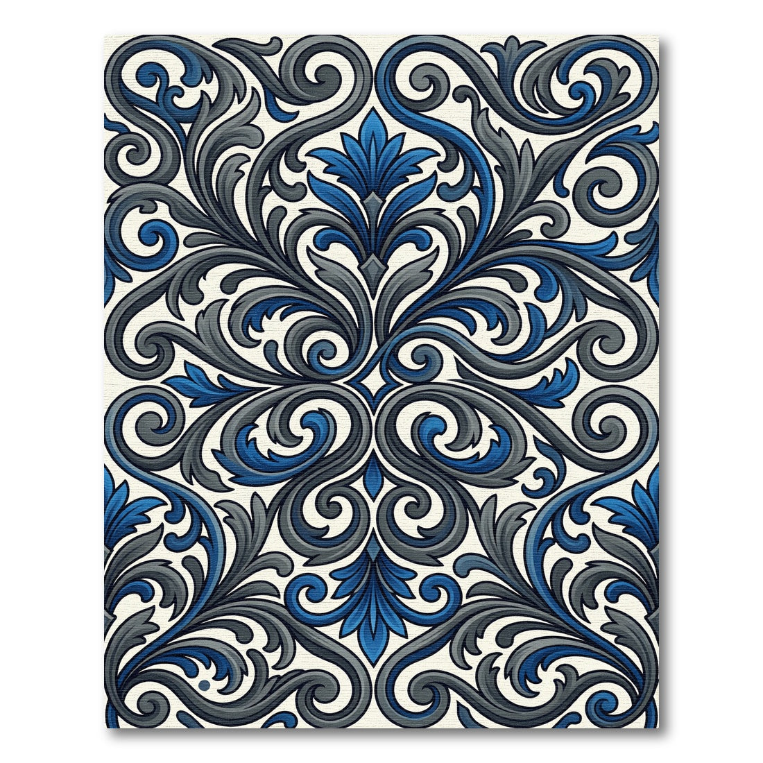Elegant Navy and Gray Swirling Damask Rug