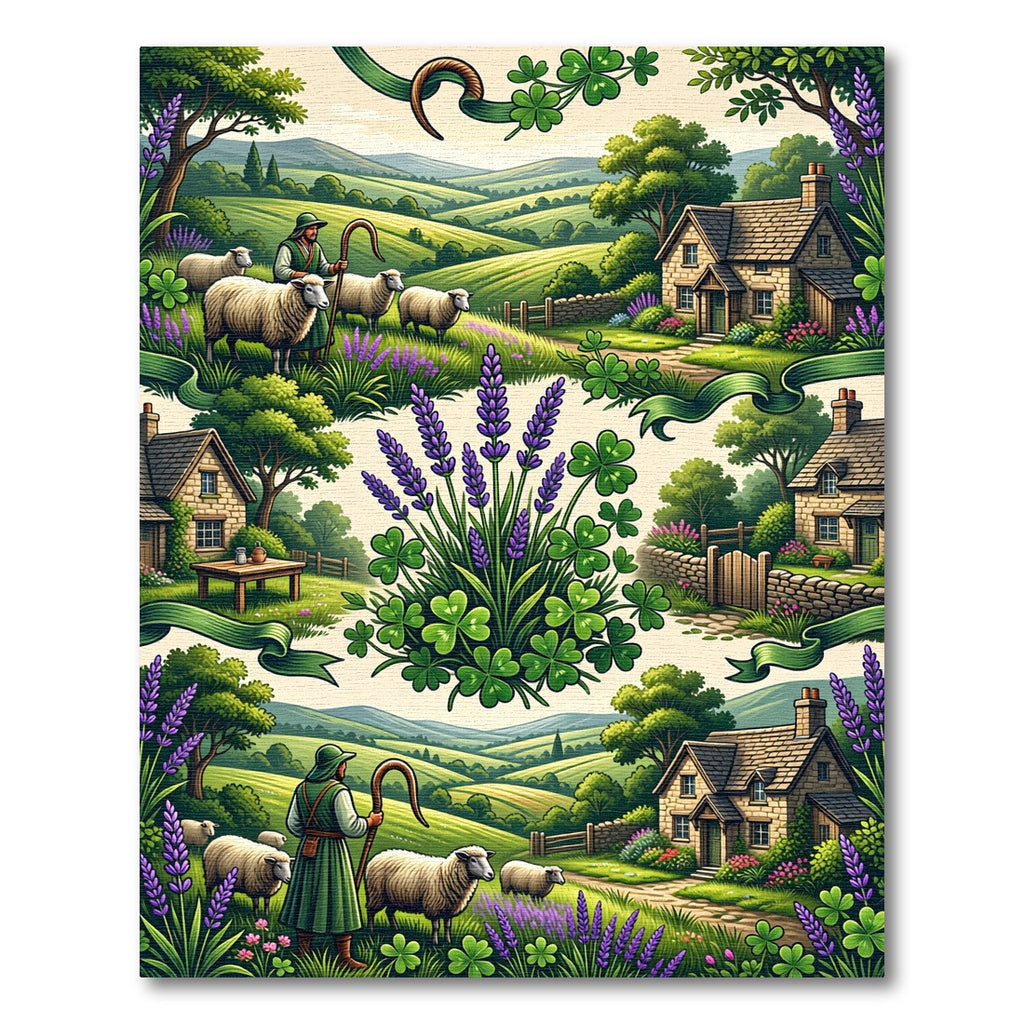Pastoral Shepherd Sheep Lavender Cottage Scene Rug