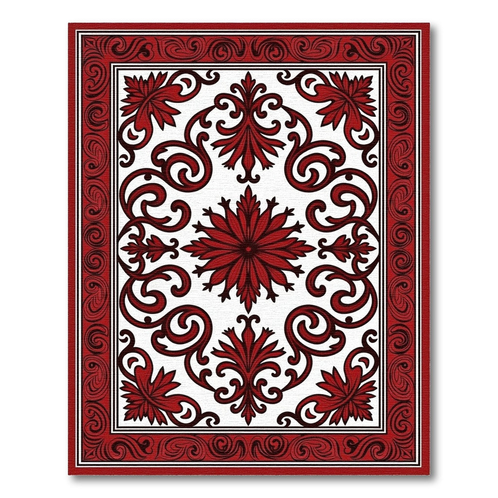 Rich Crimson Floral Rococo Medallion Rug