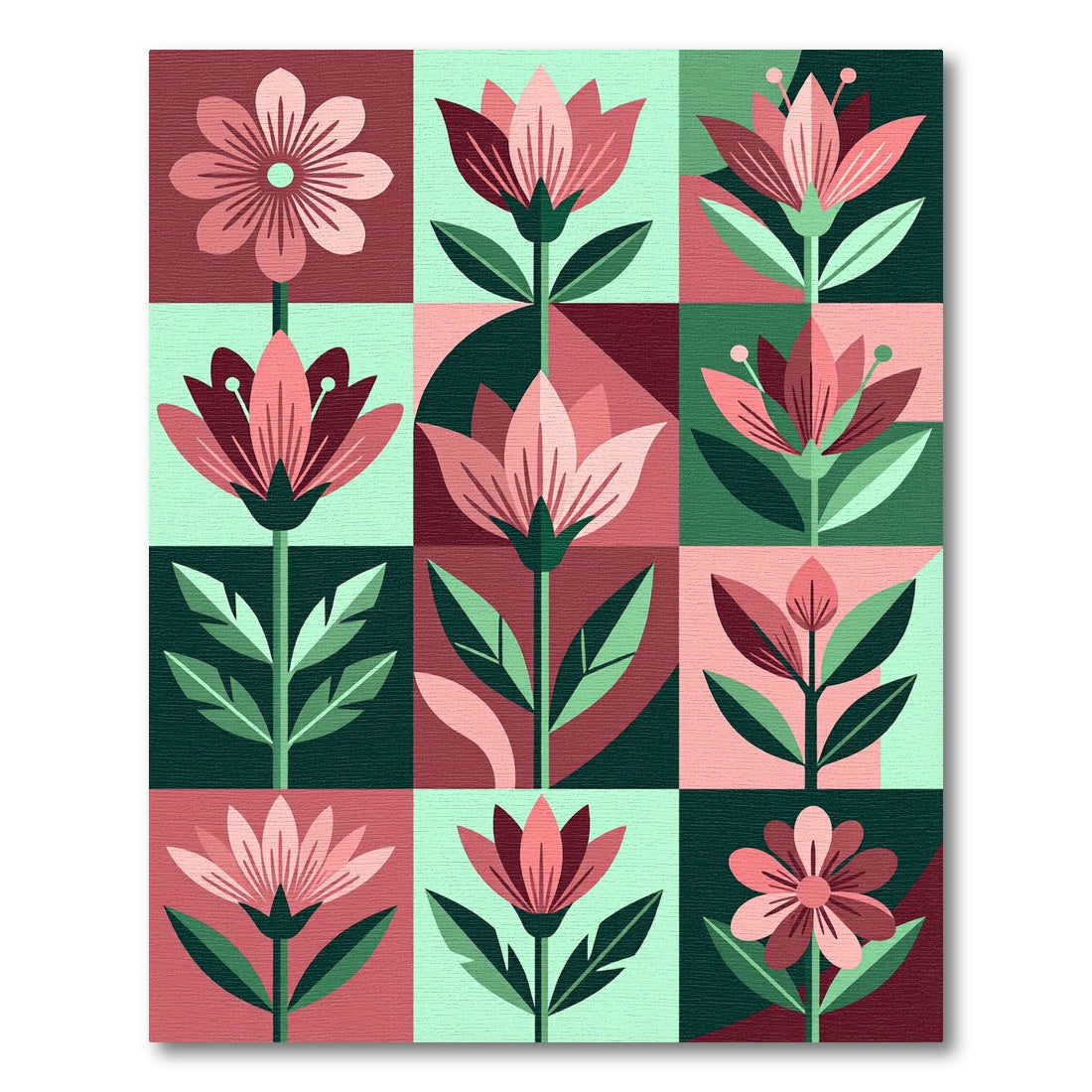 Modern Pink Floral Geometric Tile Rug
