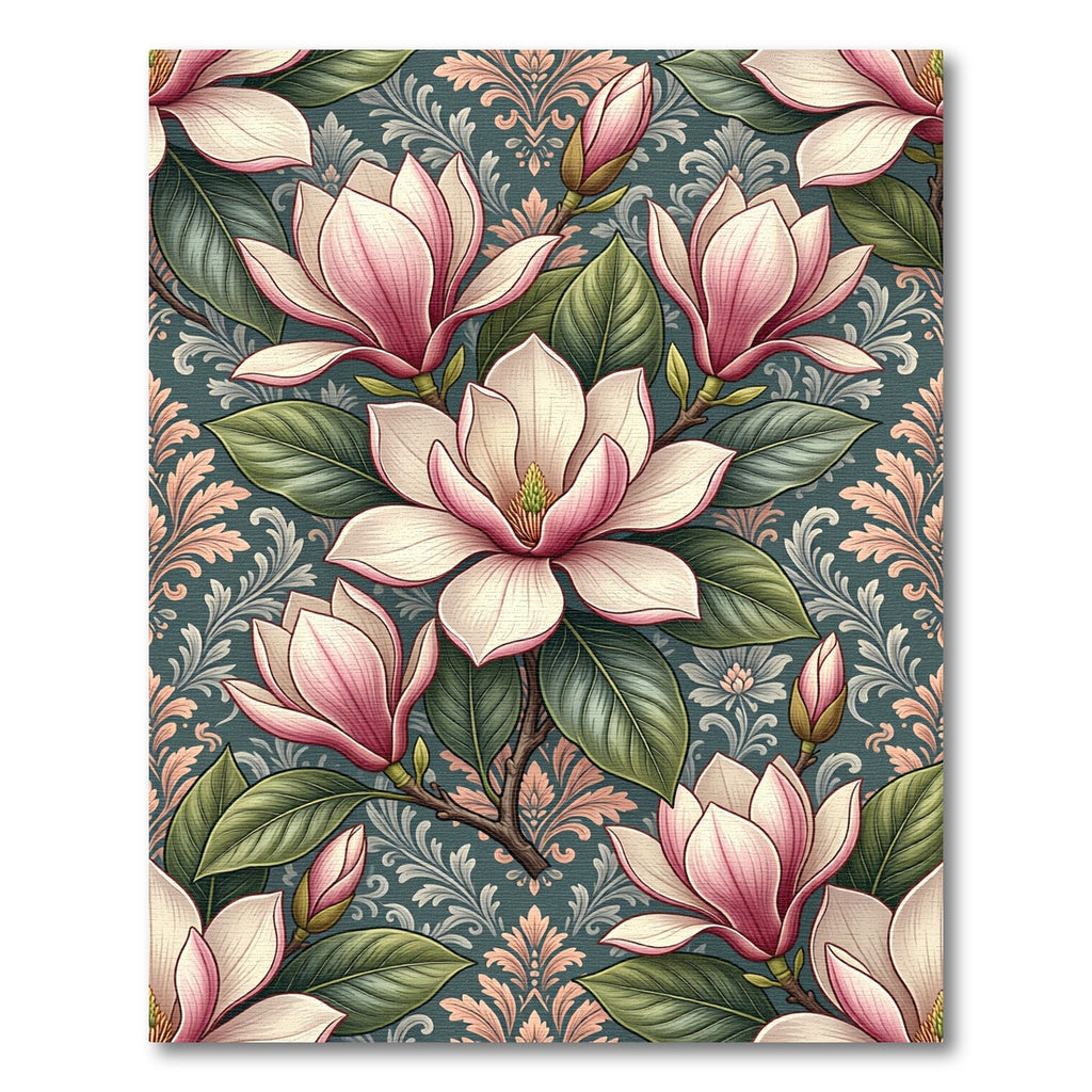 Elegant Pink Magnolia Floral Damask Wallpaper Rug