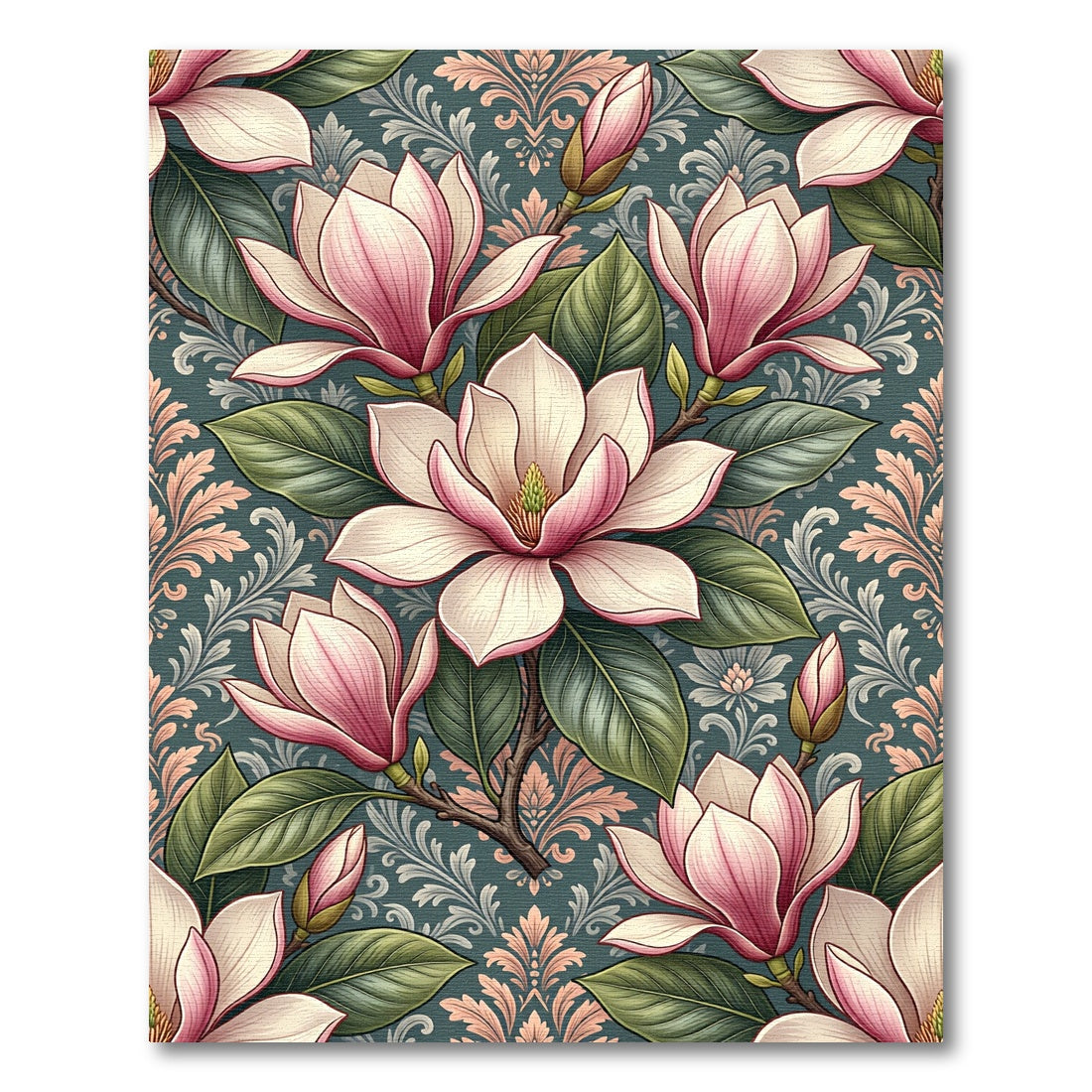 Elegant Pink Magnolia Floral Damask Wallpaper Rug