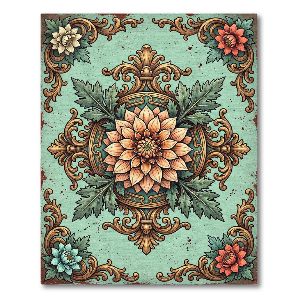 Golden Floral Medallion Aquamarine Rug