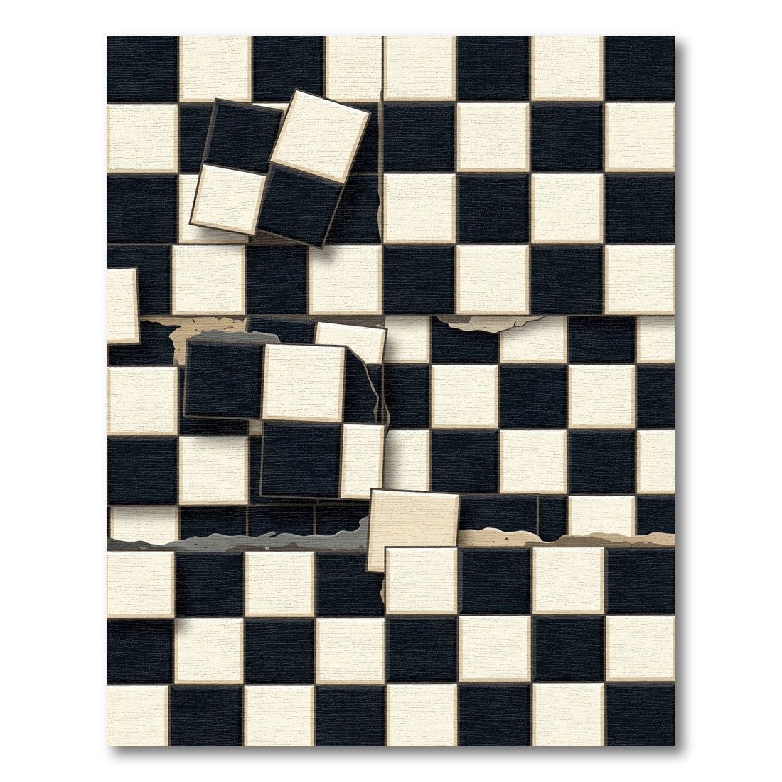 Distressed Black Cream Checkerboard Squares Rug