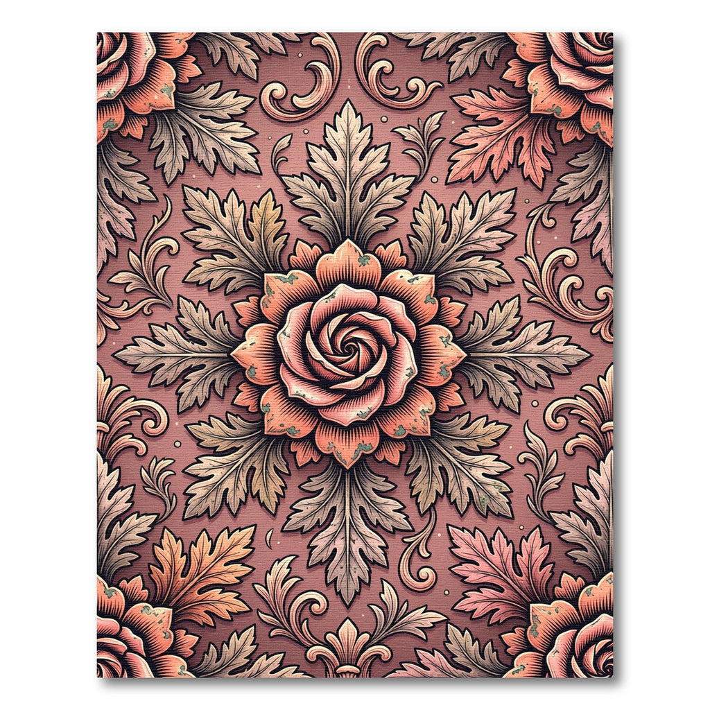 Ornate Coral Rose Scrolling Leaves Rug