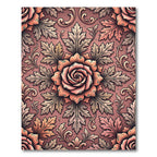 Ornate Coral Rose Scrolling Leaves Rug