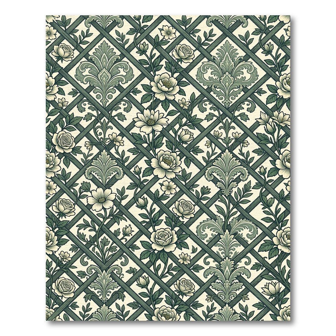 Sage Green Floral Trellis Damask Rug