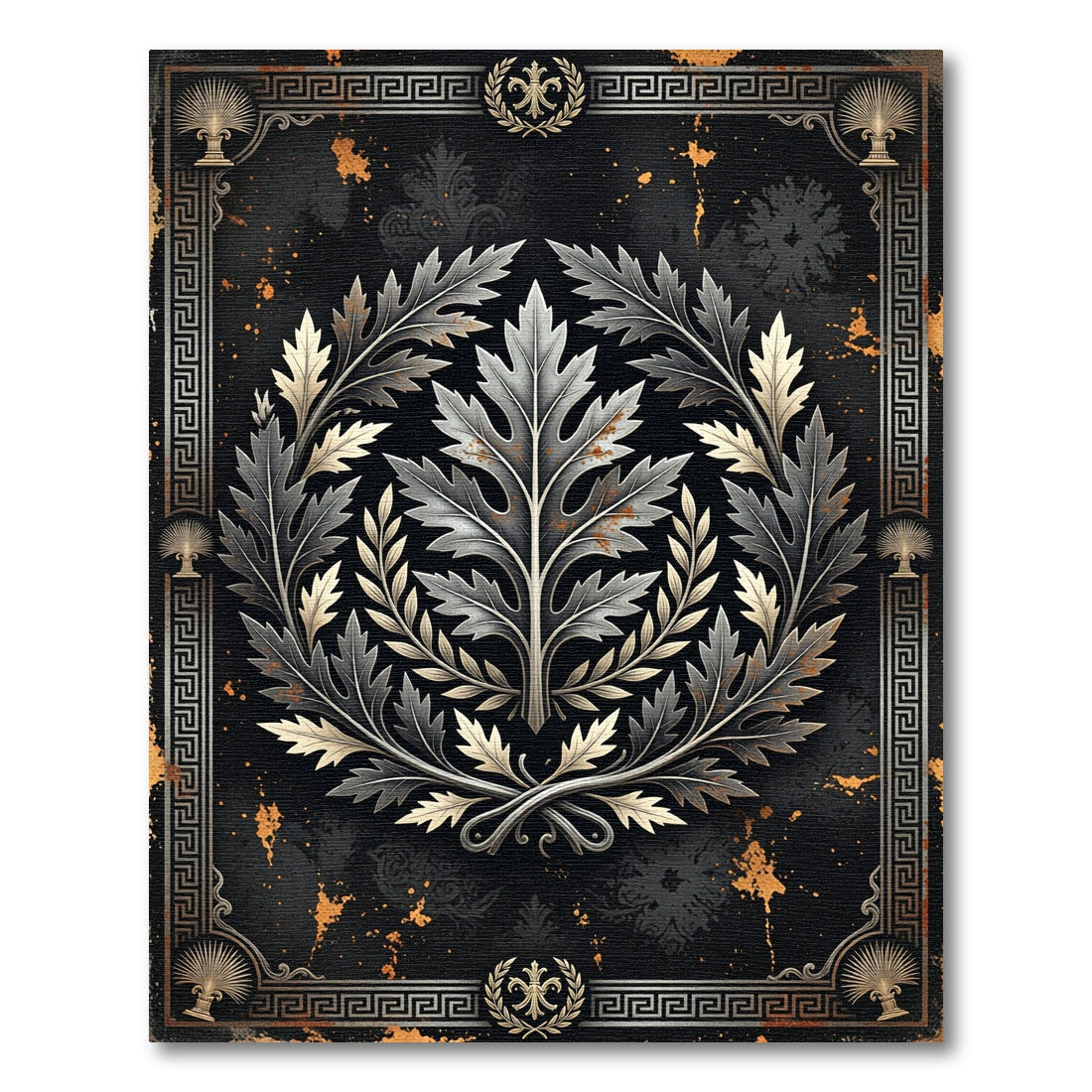 Metallic Acanthus Wreath Black Gold Border Rug