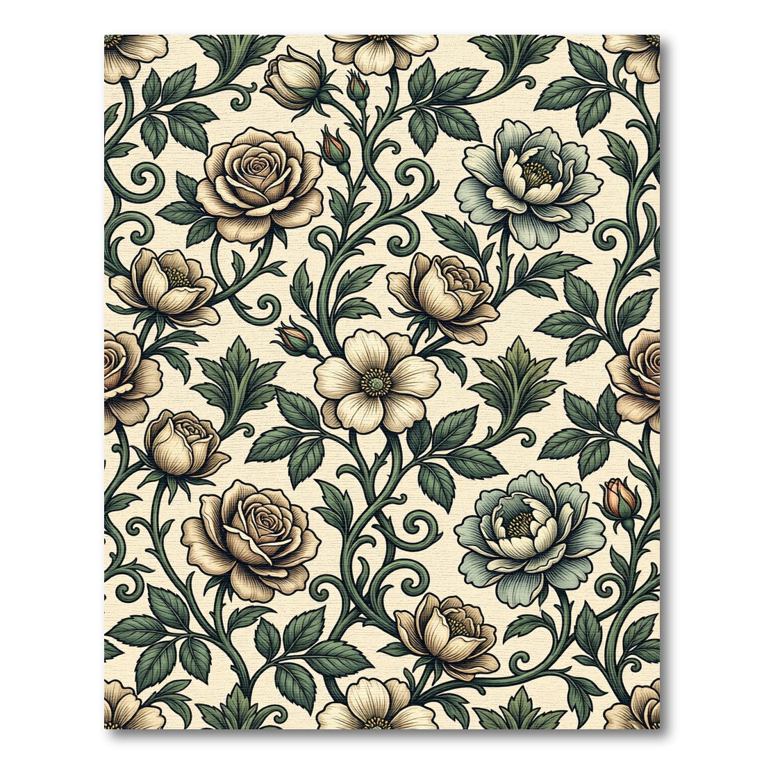 Vintage Cream Floral Rose Twining Vine Rug