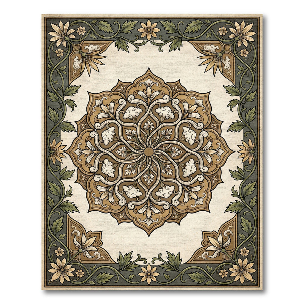 Golden Brown Floral Medallion Border Rug