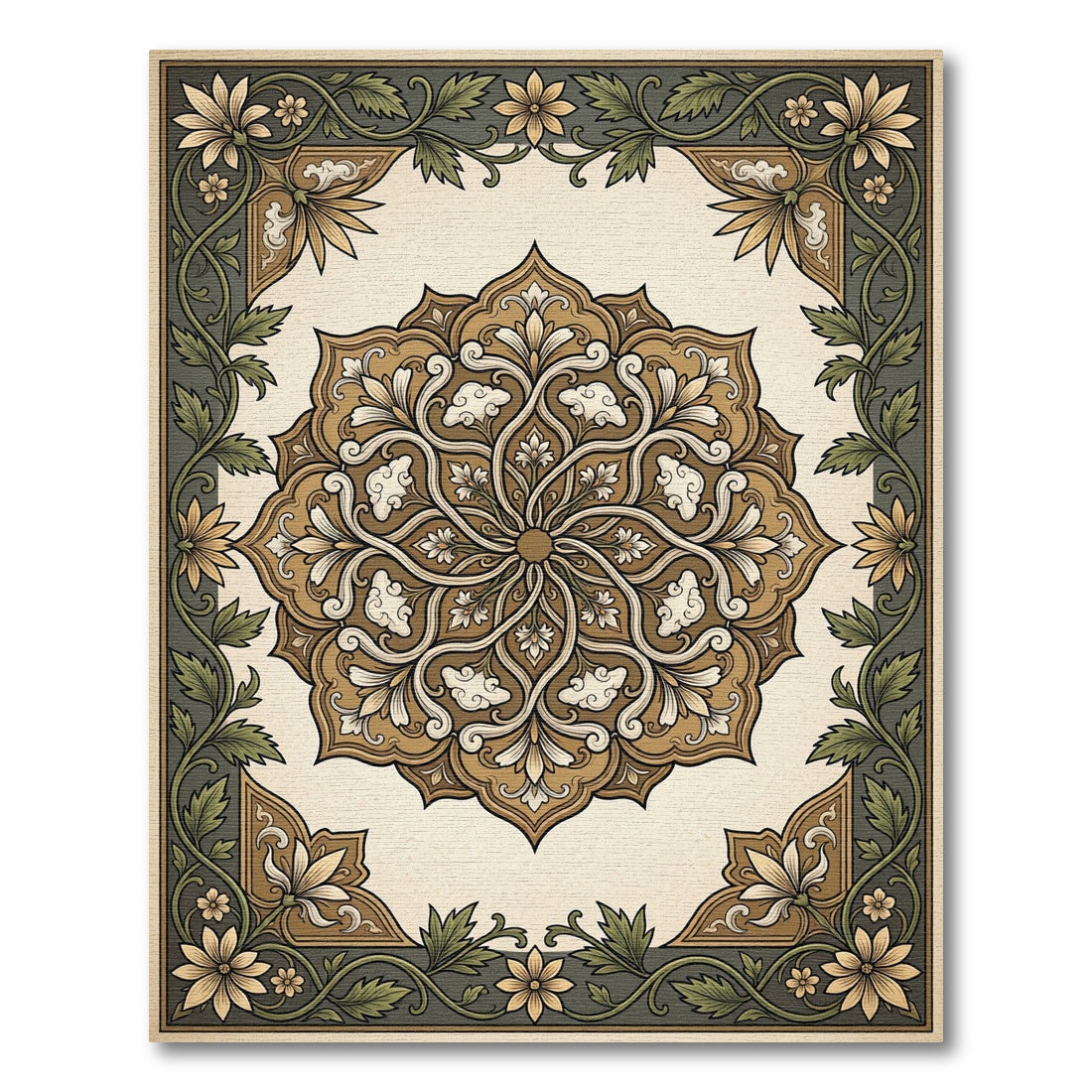 Golden Brown Floral Medallion Border Rug