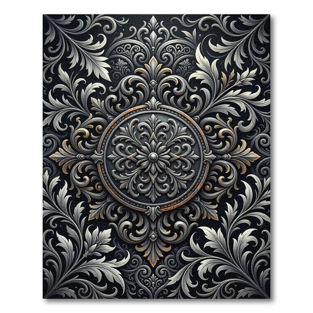 Ornate Silver Charcoal Floral Medallion Rug