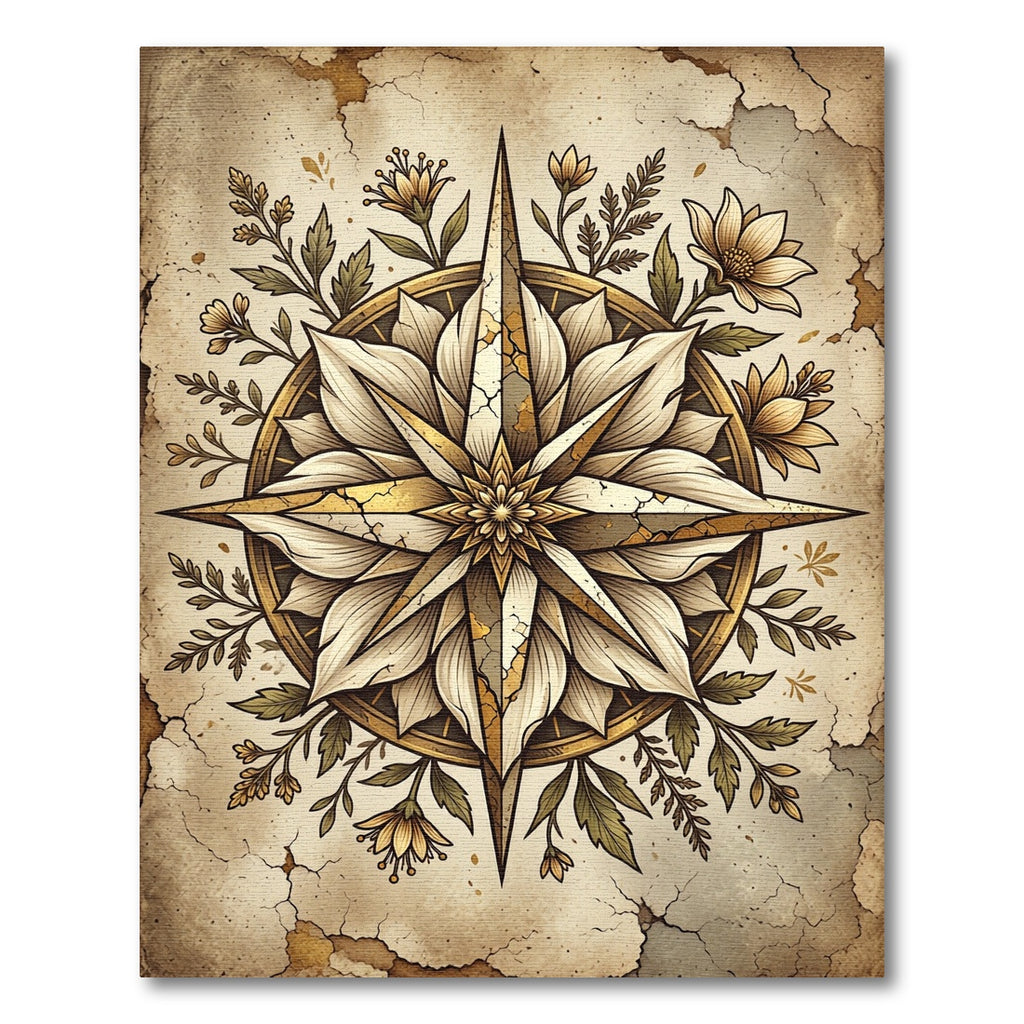 Antique Gold Floral Compass Star Rug