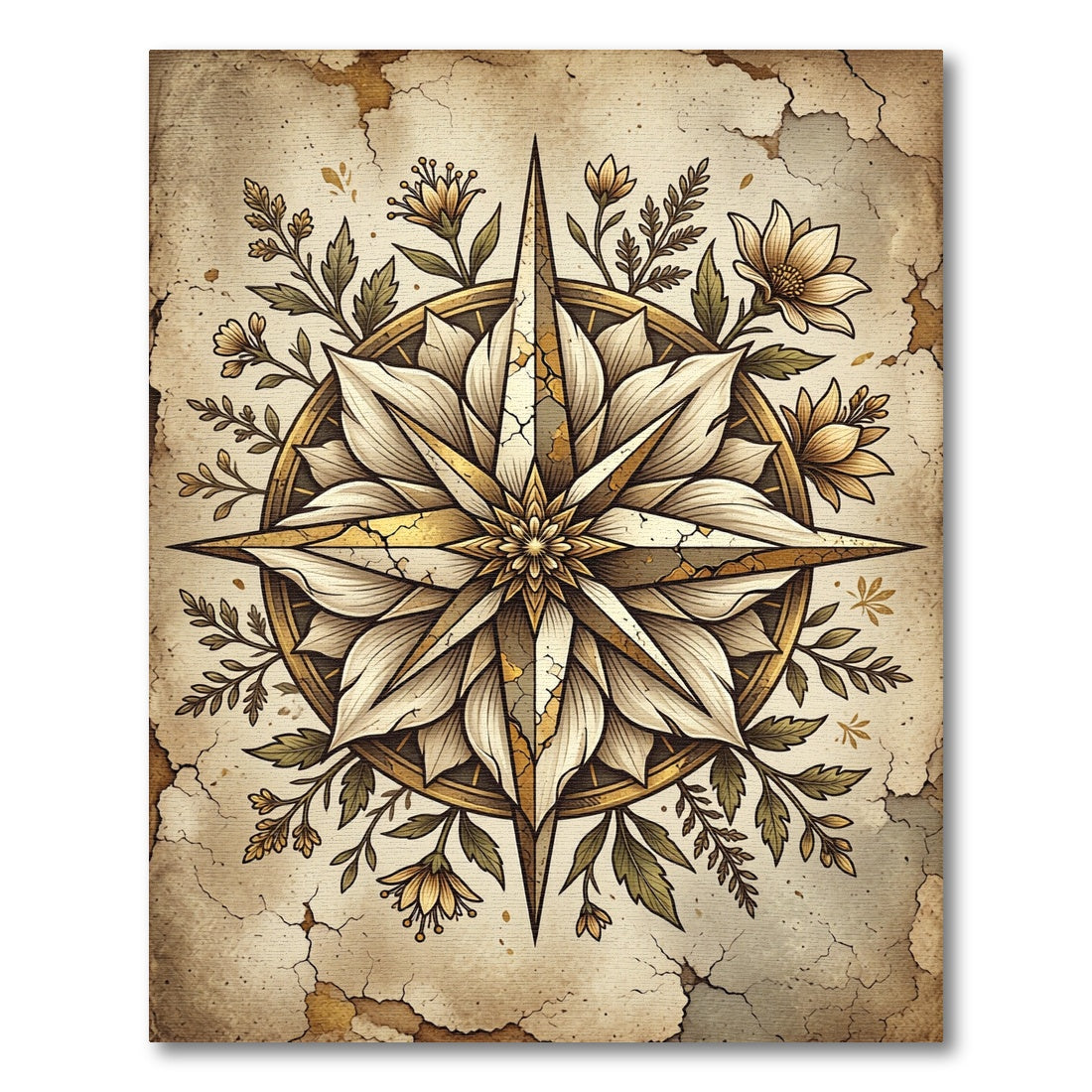 Antique Gold Floral Compass Star Rug