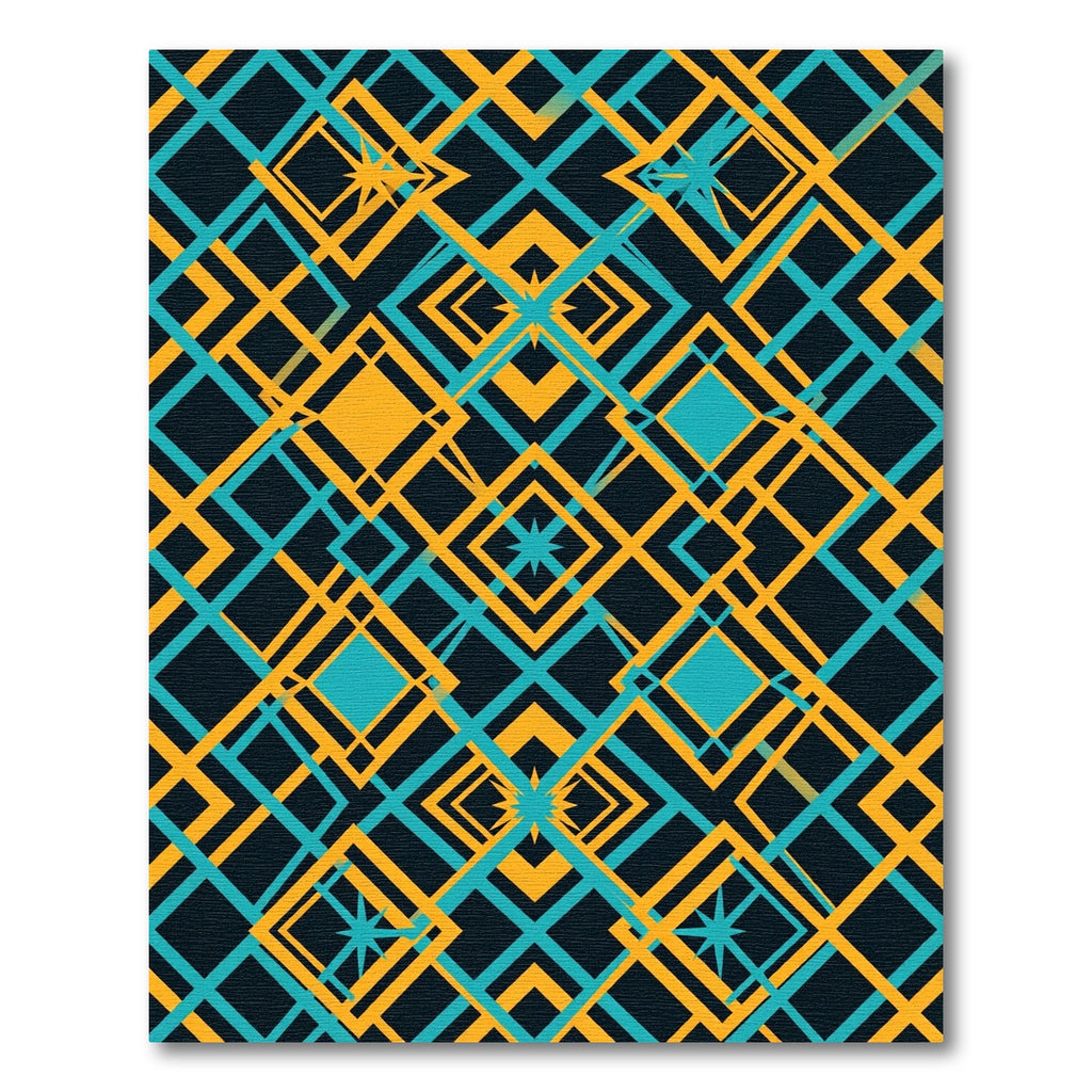Geometric Teal and Amber Diamond Lattice Rug