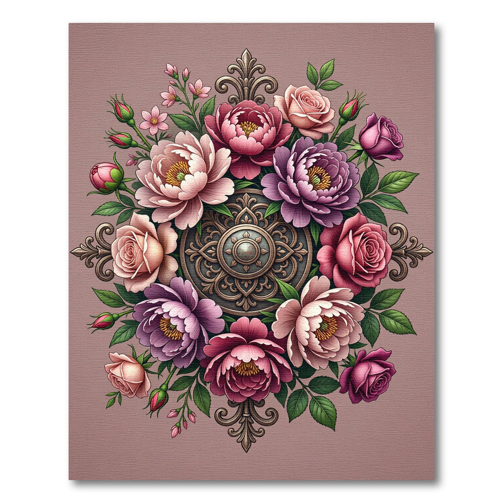 Elegant Floral Medallion Pink Rose Bouquet Rug