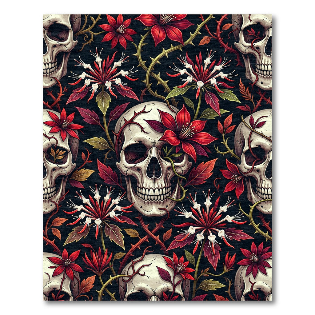 Gothic Skull and Crimson Floral Vine Rug