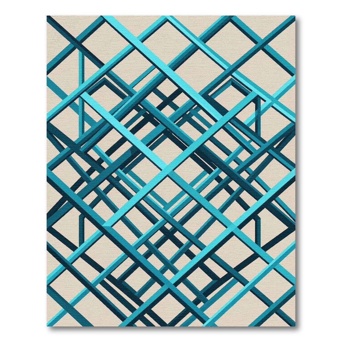 Modern Teal Blue Geometric Intersecting Grid Rug