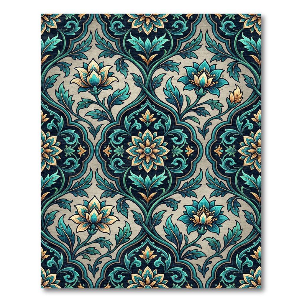 Teal and Gold Botanical Medallion Damask Rug