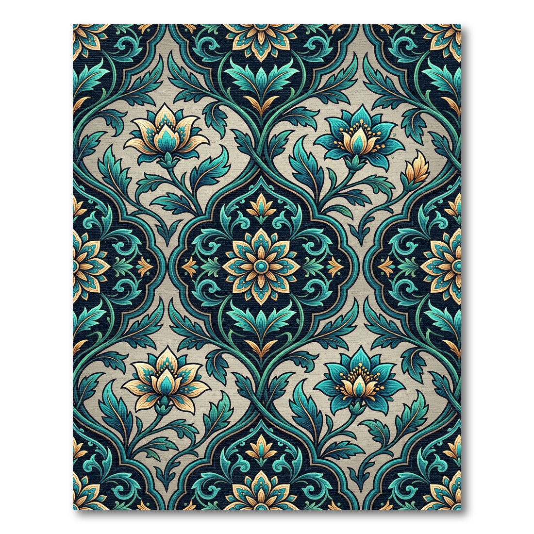 Teal and Gold Botanical Medallion Damask Rug