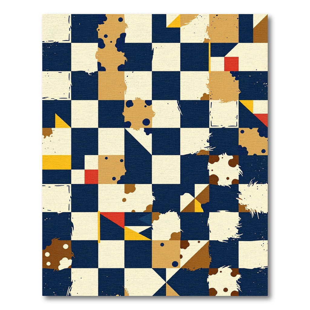 Abstract Navy Ochre Bauhaus Geometric Grid Rug