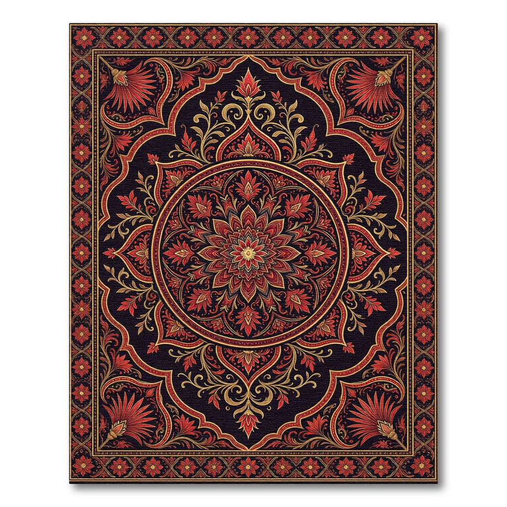 Crimson Red Golden Floral Medallion Rug