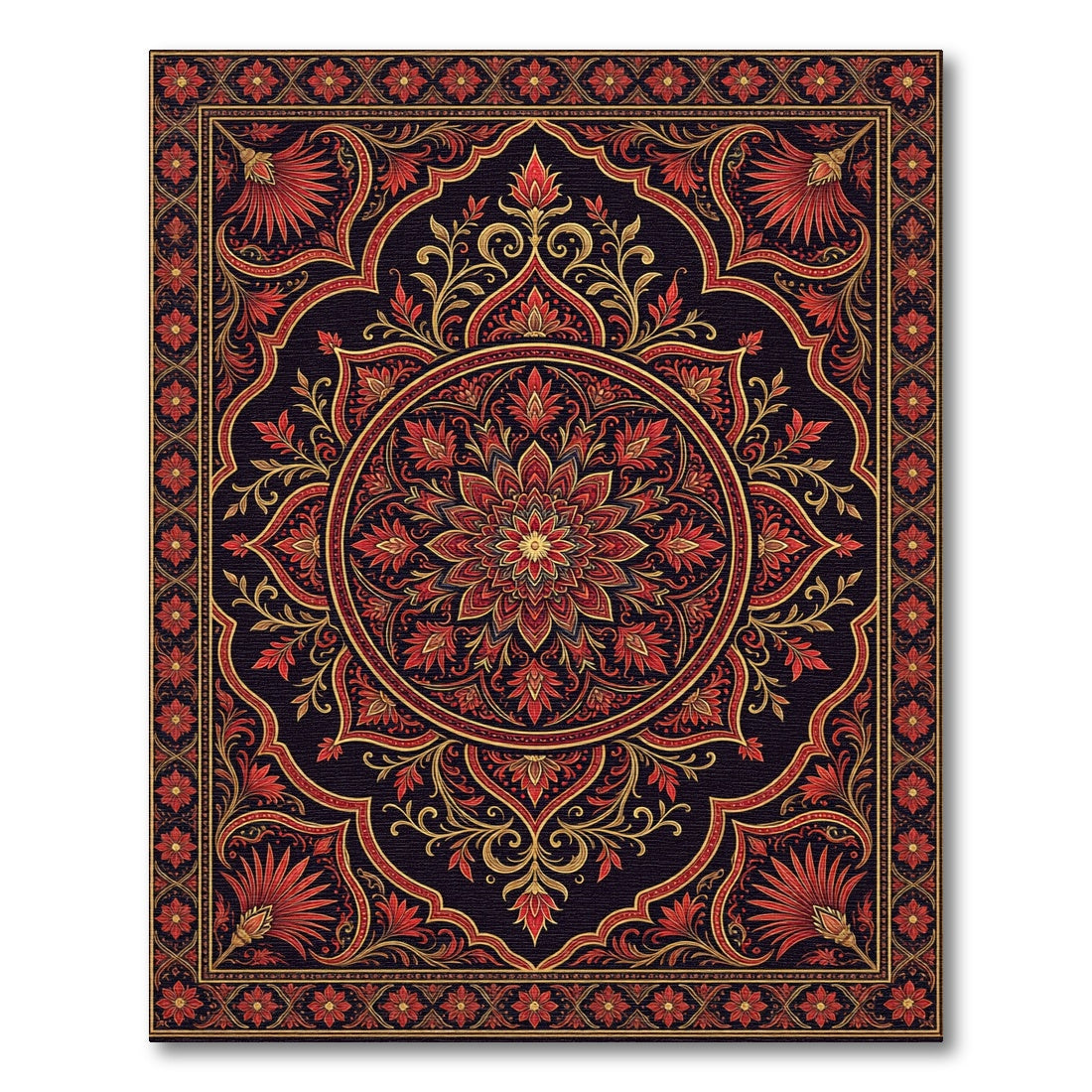 Crimson Red Golden Floral Medallion Rug