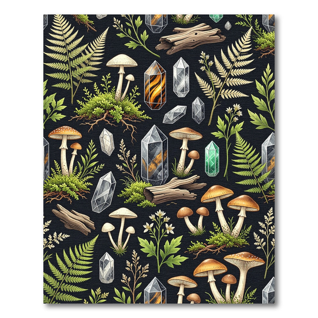 Earthy Forest Mushroom Crystal Fern Botanical Rug
