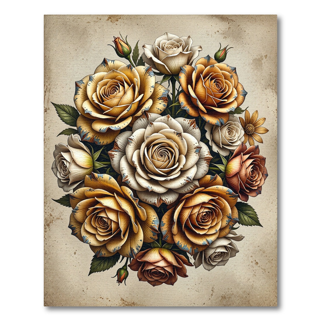 Vintage Distressed Golden Rose Bouquet Rug