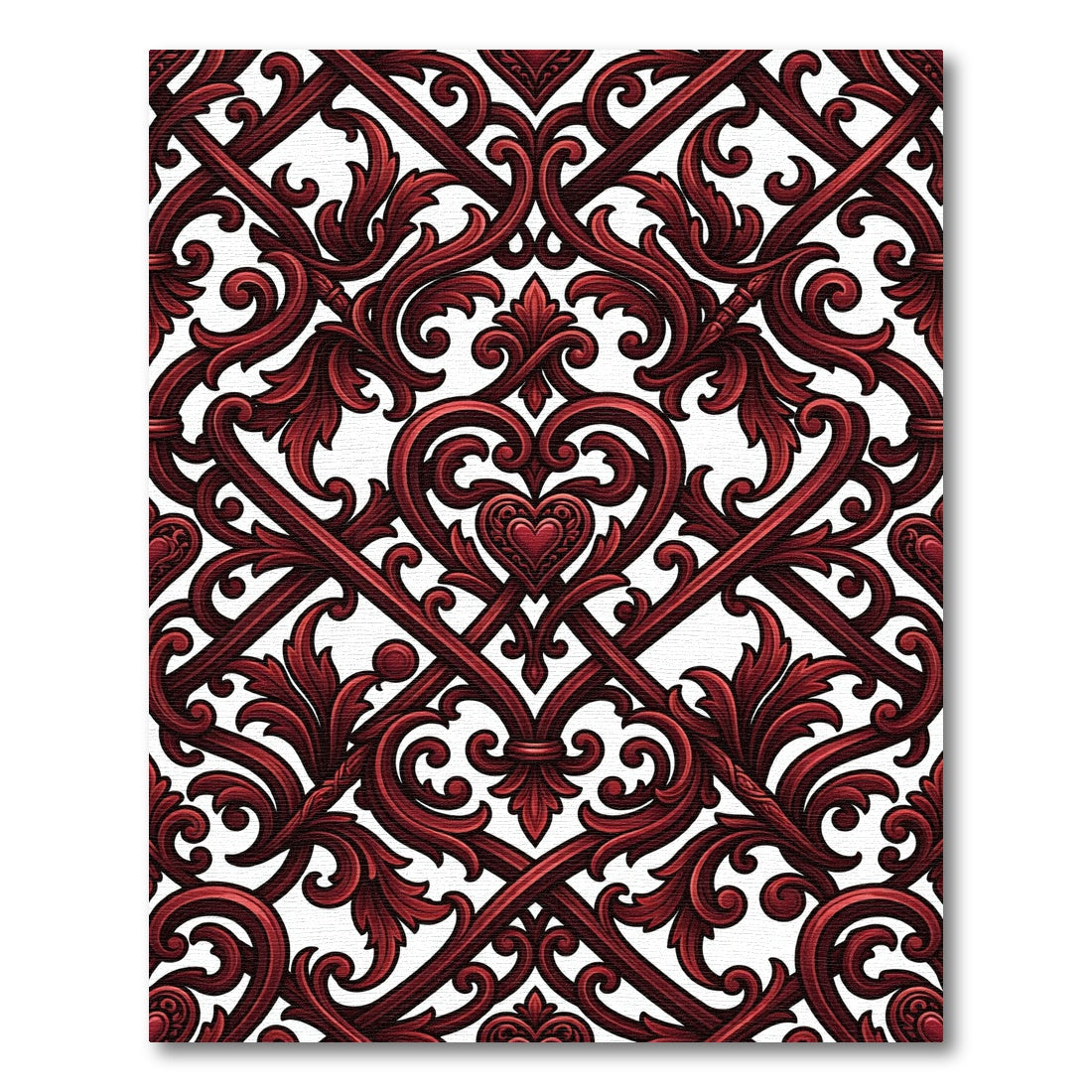 Ornate Crimson Baroque Heart Scroll Rug