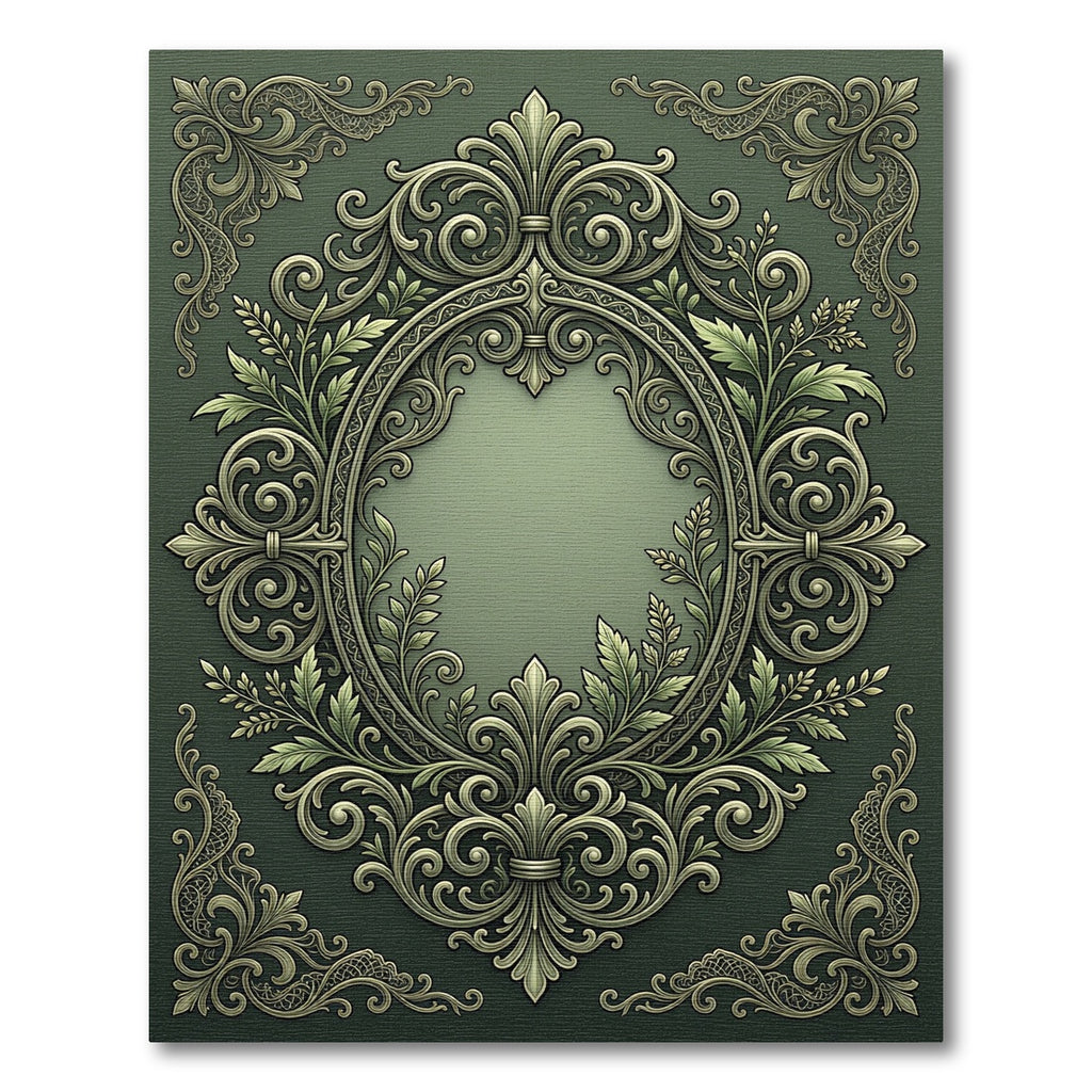 Ornate Green Leaf Scroll Framing Rug