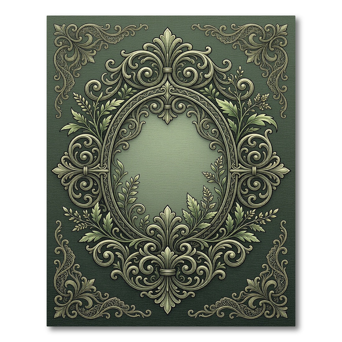 Ornate Green Leaf Scroll Framing Rug