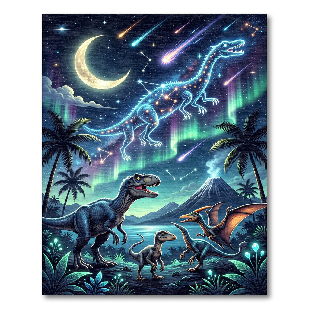 Cosmic Neon Dinosaur Northern Lights Scene Rug