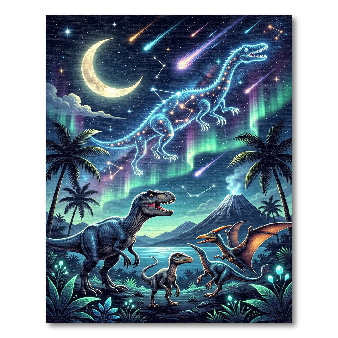 Cosmic Neon Dinosaur Northern Lights Scene Rug