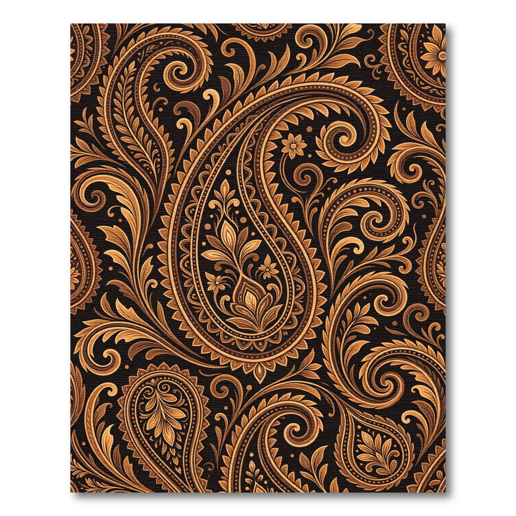 Golden Paisley Swirls on Black Rug