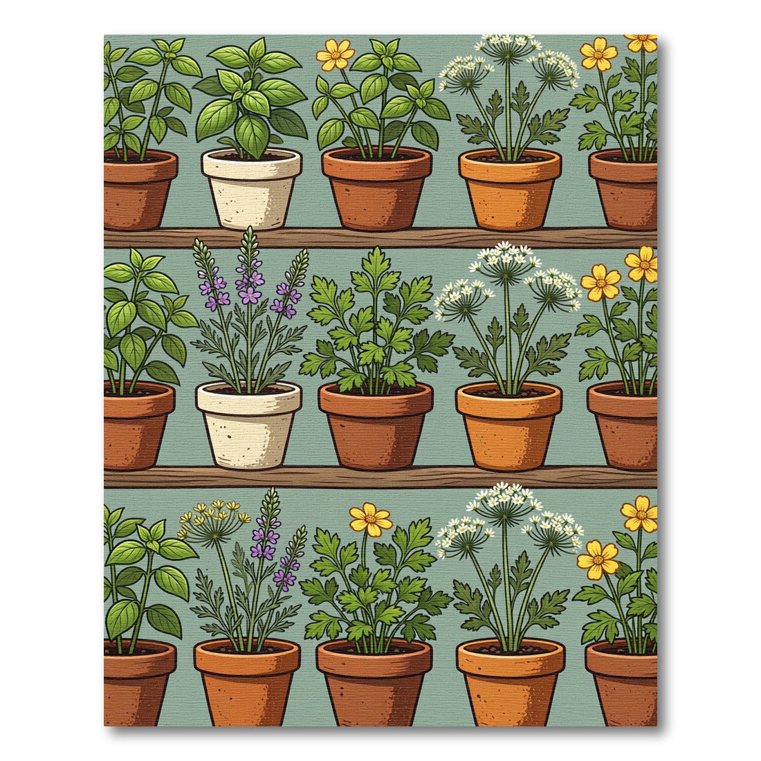 Potted Botanical Herb Garden Illustration Rug