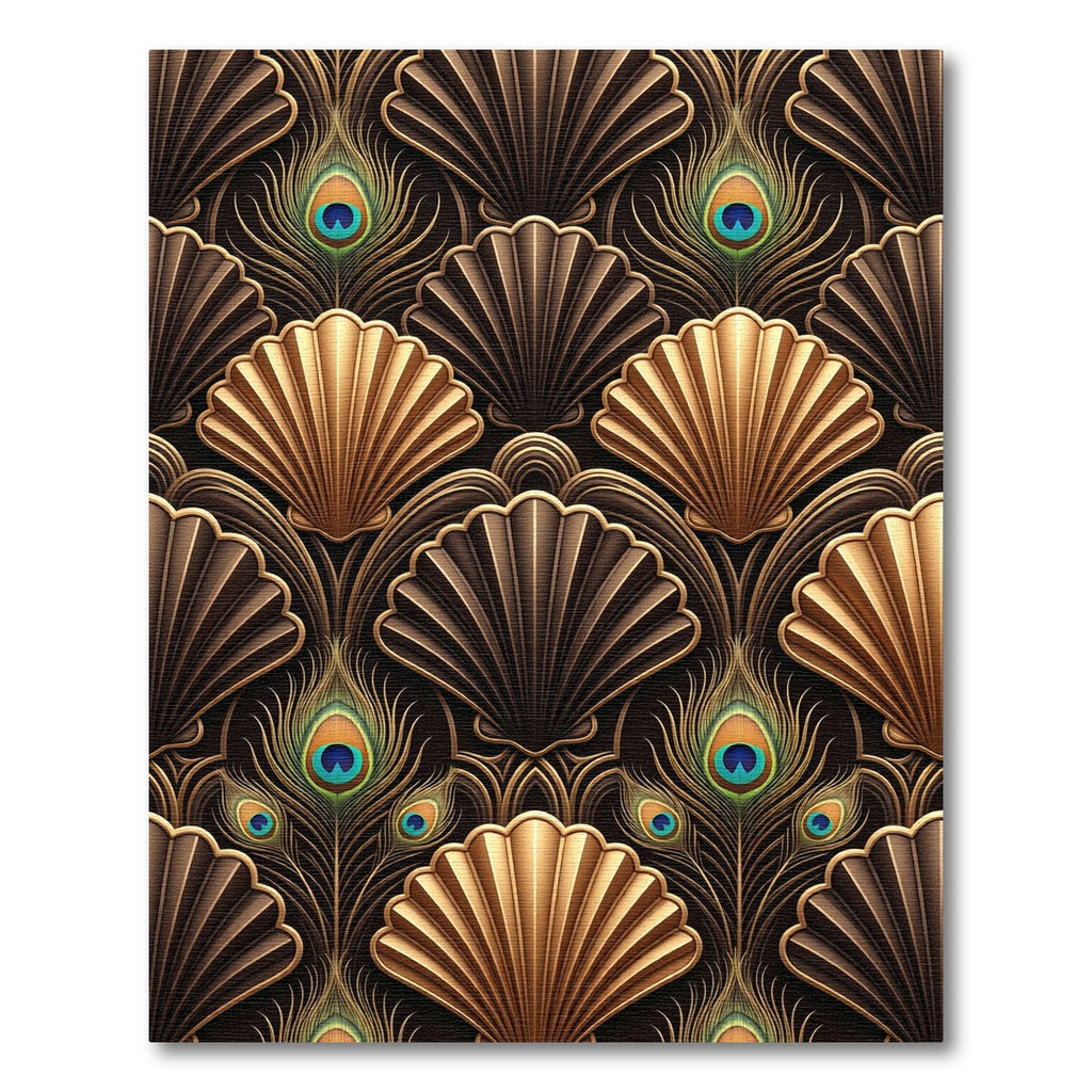 Art Deco Gold Brown Shells Peacock Feathers Rug