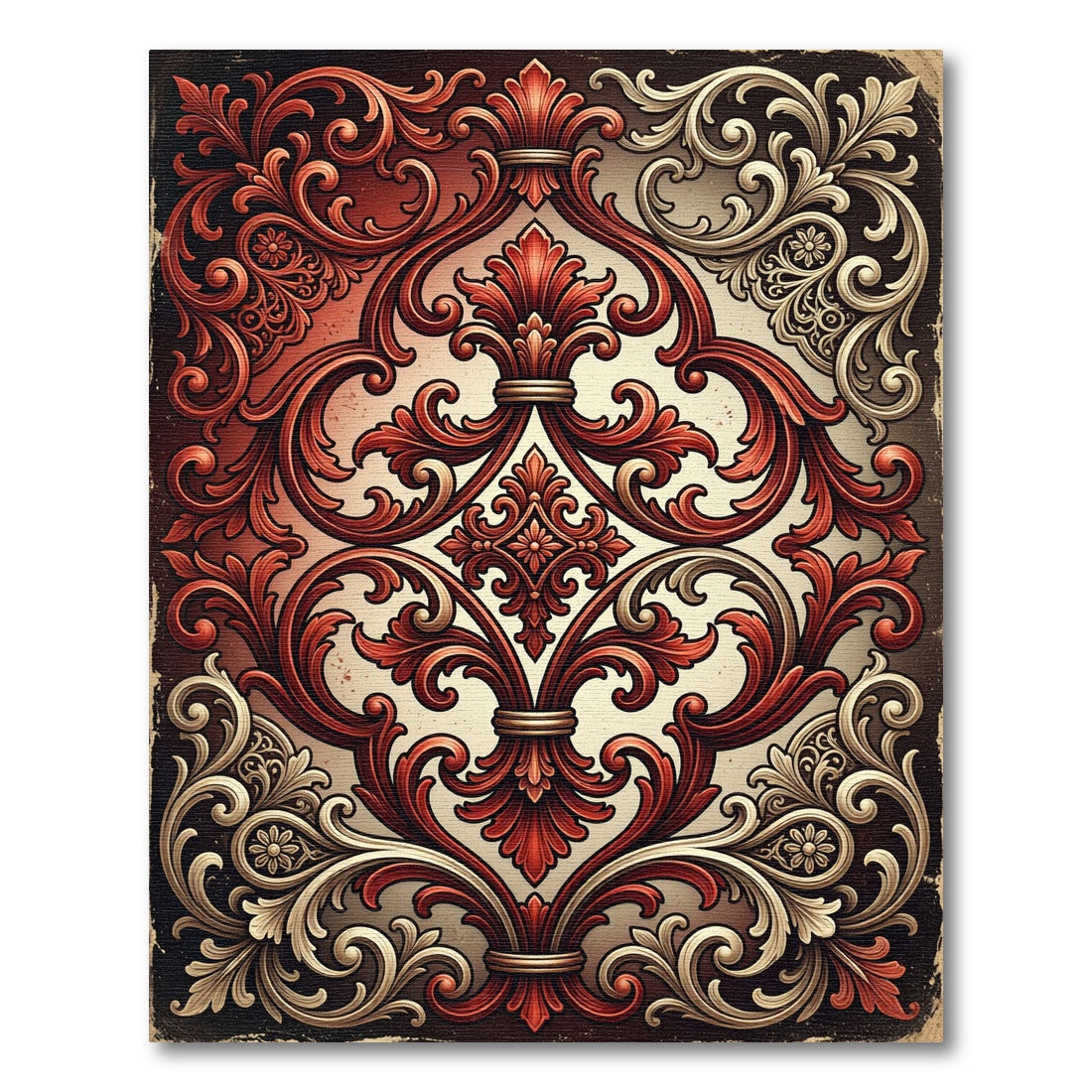 Ornate Crimson Cream Damask Scrollwork Rug