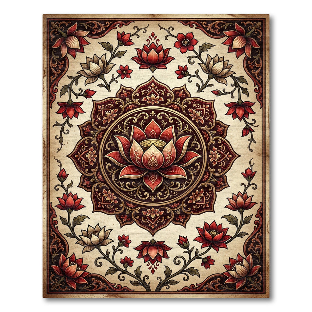 Intricate Crimson Lotus Medallion Floral Rug