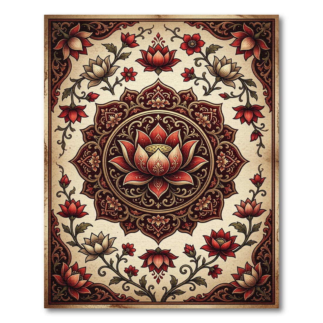 Intricate Crimson Lotus Medallion Floral Rug