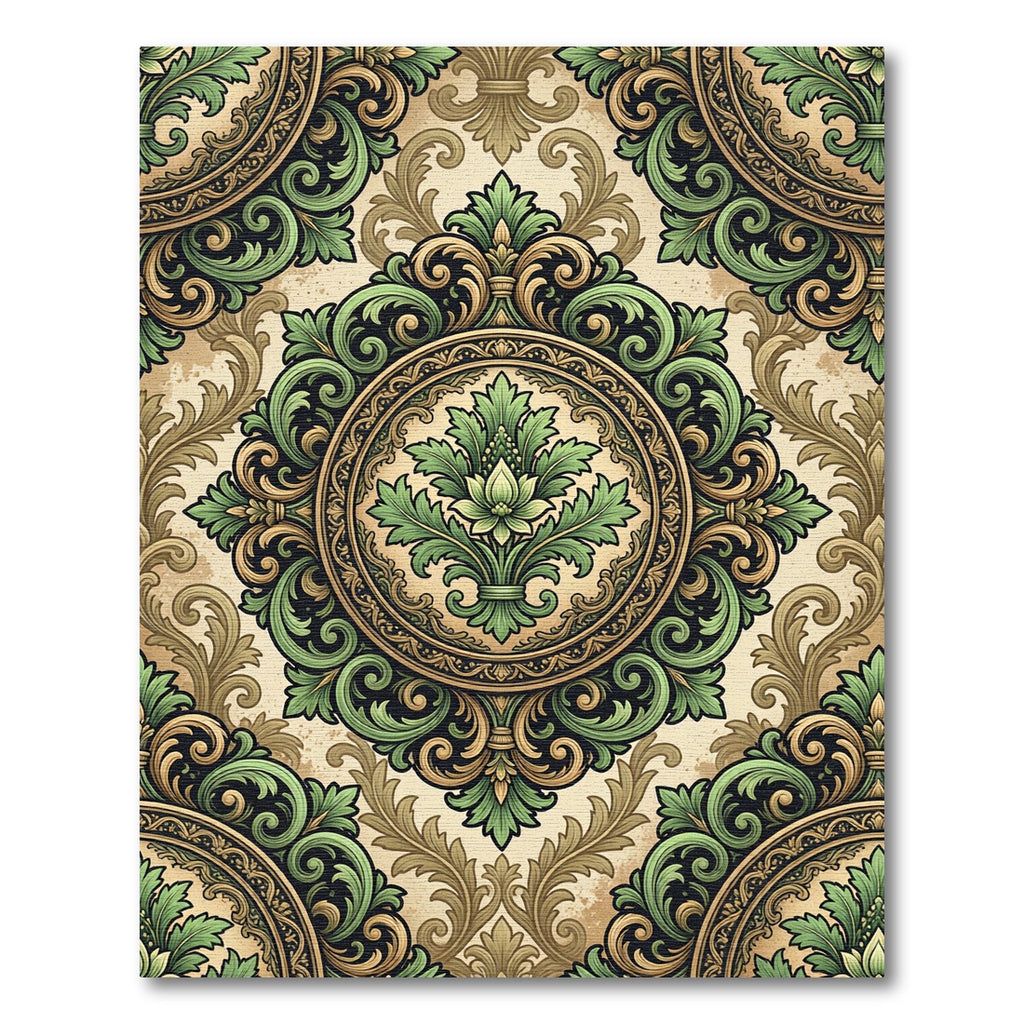 Green Leaf Scrollwork Medallion Rug