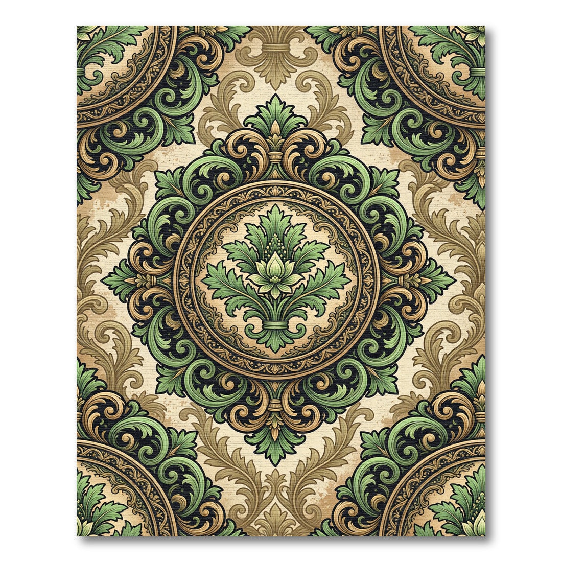Green Leaf Scrollwork Medallion Rug