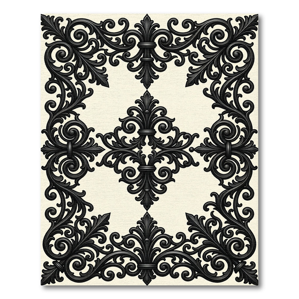 Elegant Black Scrollwork Damask Medallion Rug