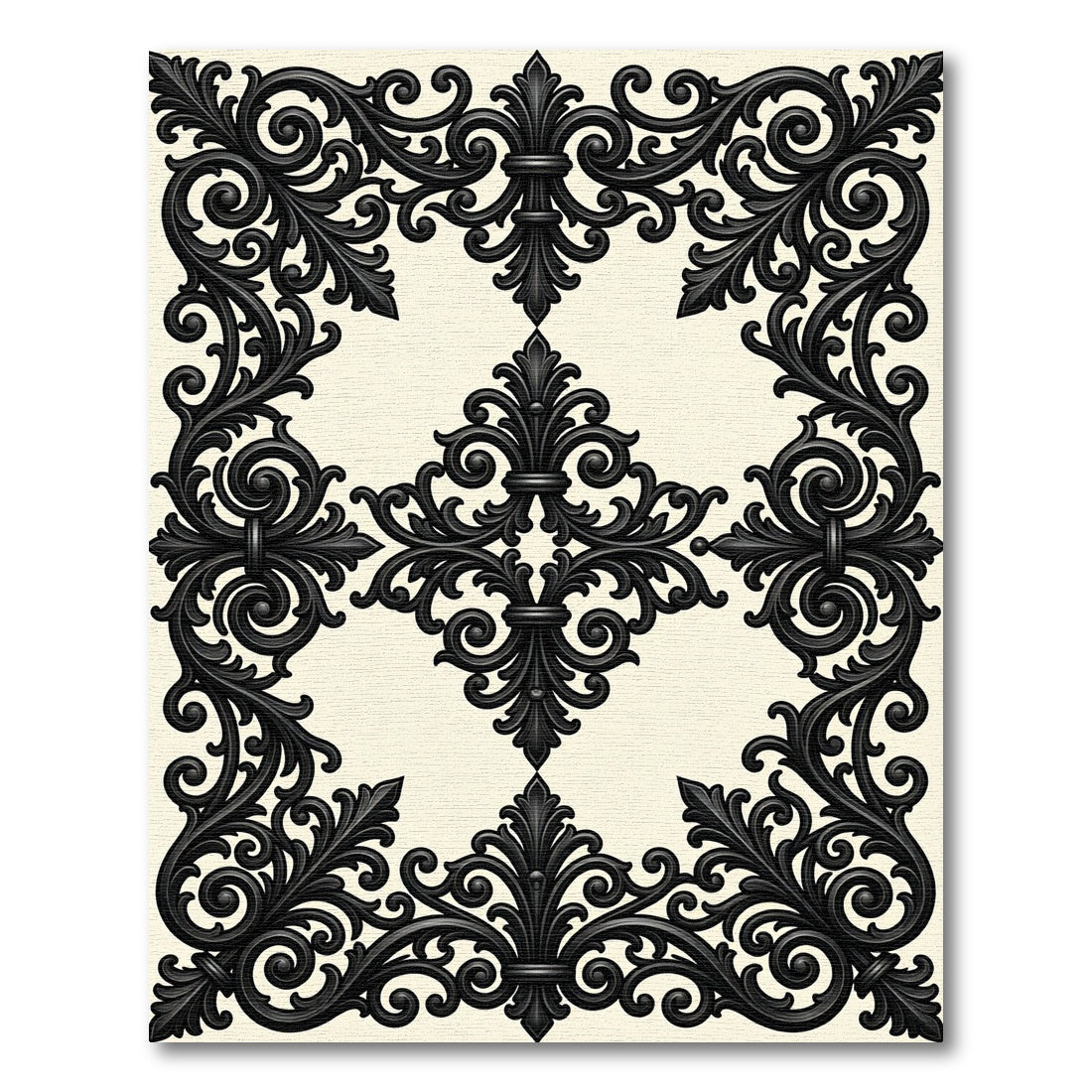 Elegant Black Scrollwork Damask Medallion Rug