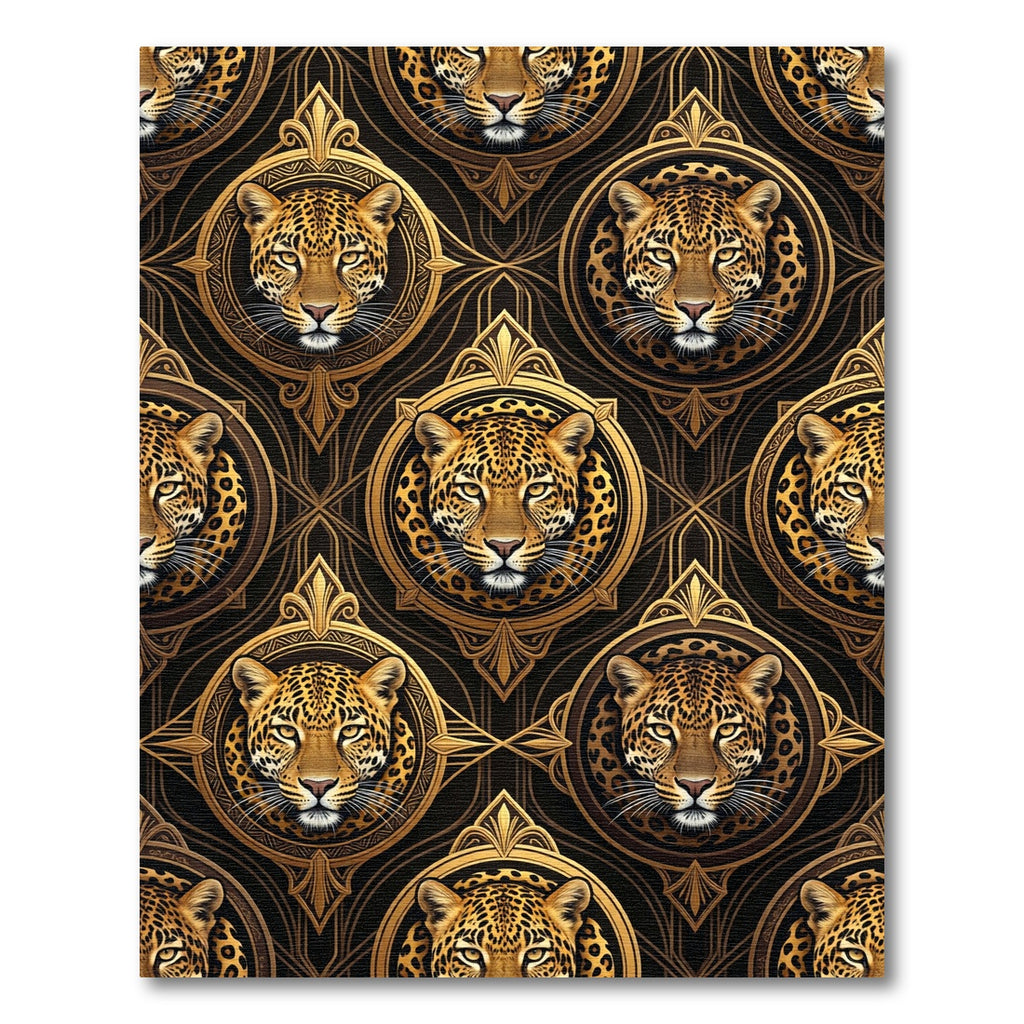 Golden Jaguar Portrait Art Deco Medallion Rug