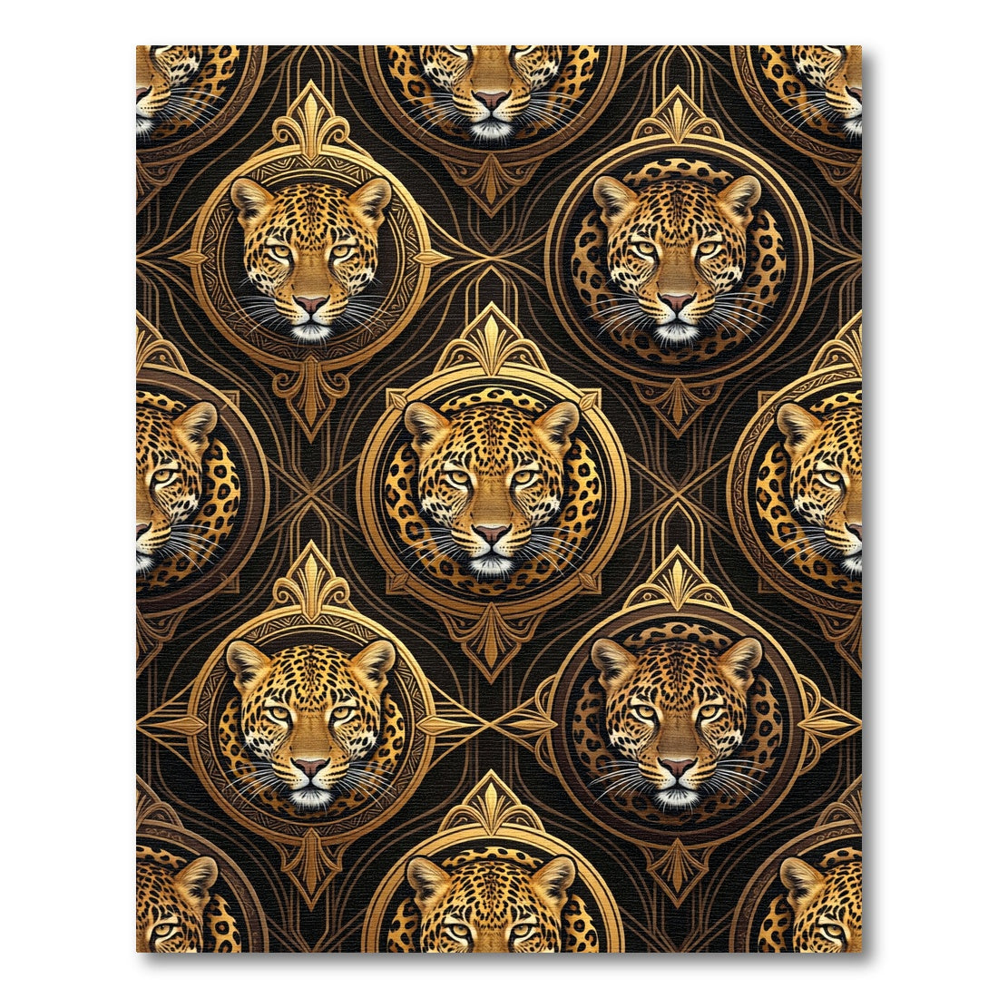 Golden Jaguar Portrait Art Deco Medallion Rug