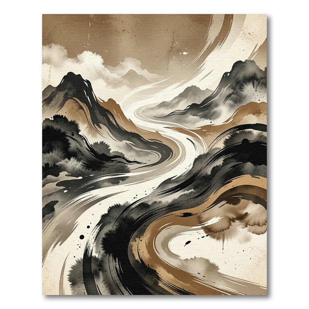 Abstract Ink Wash Mountain Landscape Rug