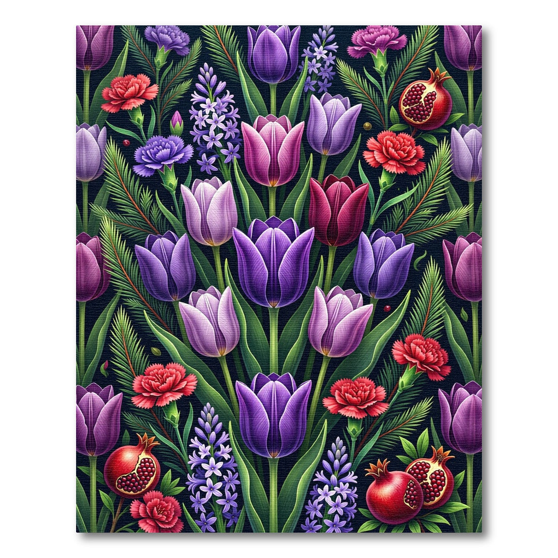 Vibrant Purple Tulip Pomegranate Floral Arrangement Rug