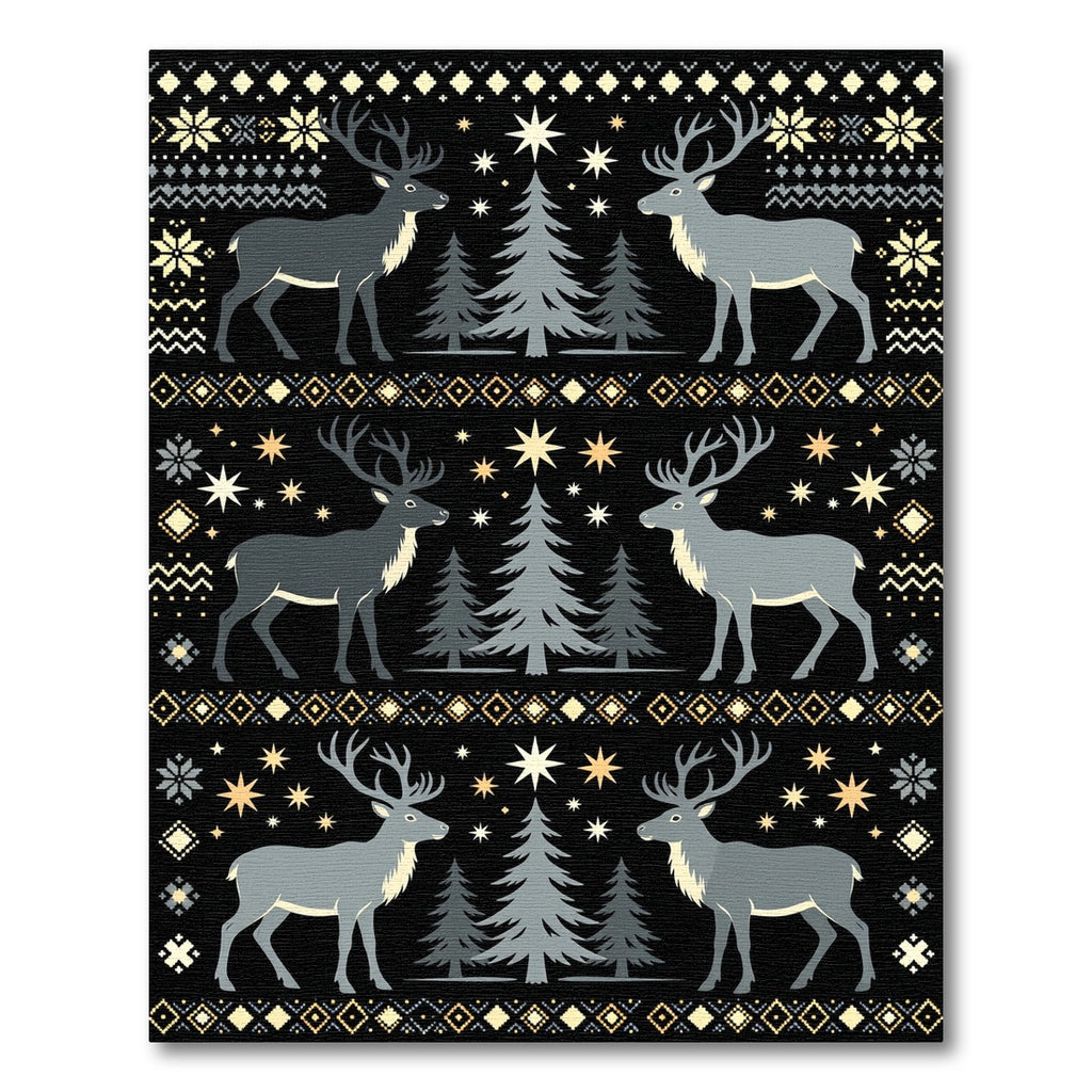 Black Christmas Reindeer Forest Scene Rug